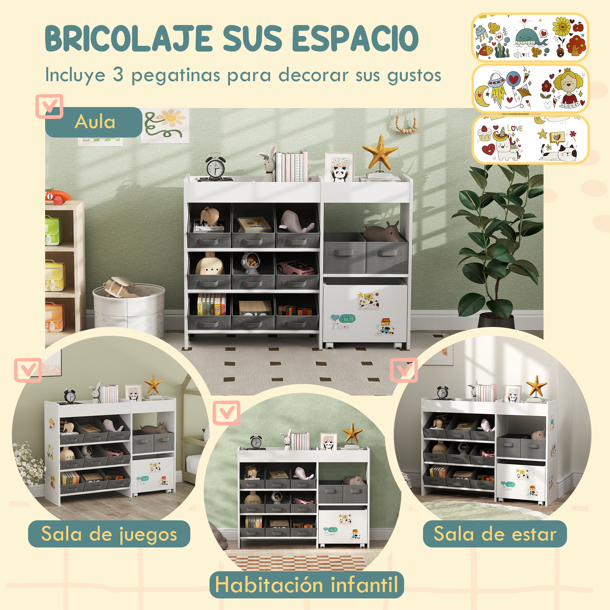 Mueble organizador infantil con pegatinas, juguetes y decoración.
