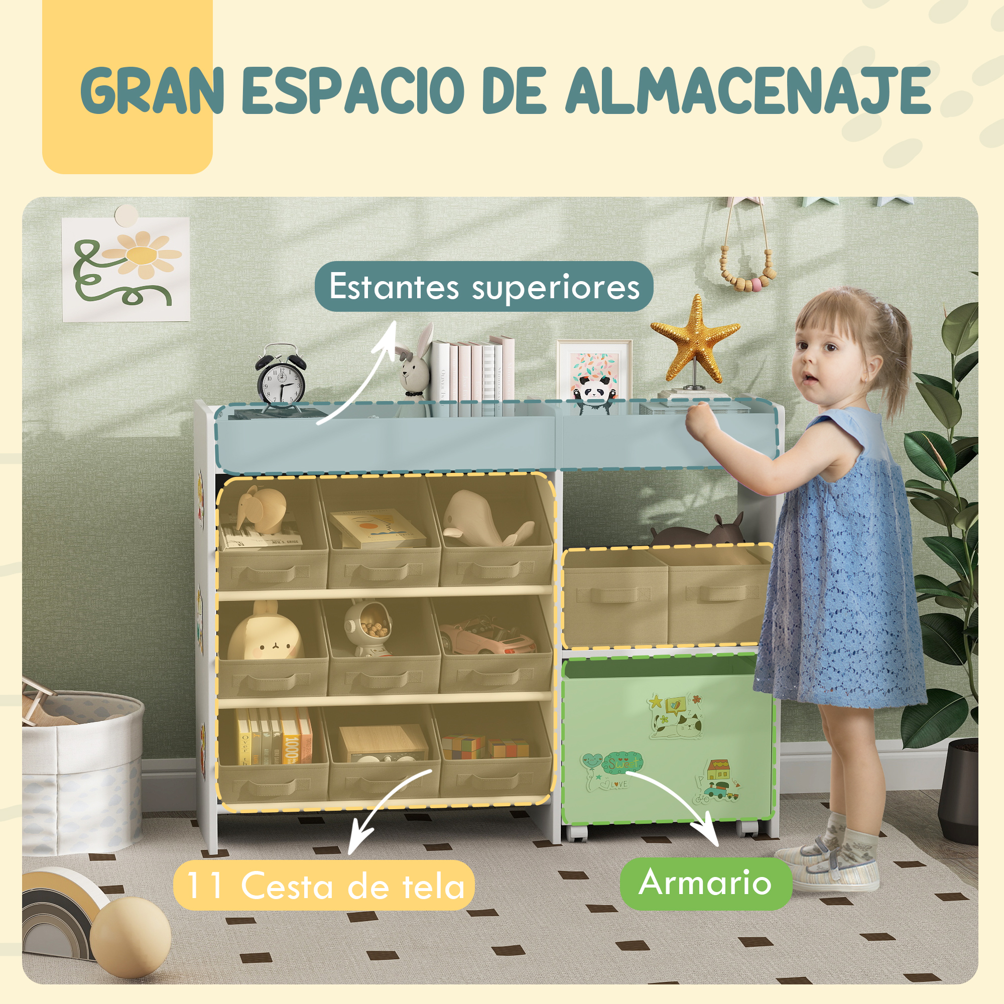 Una niña con vestido azul junto a estantería con juguetes.