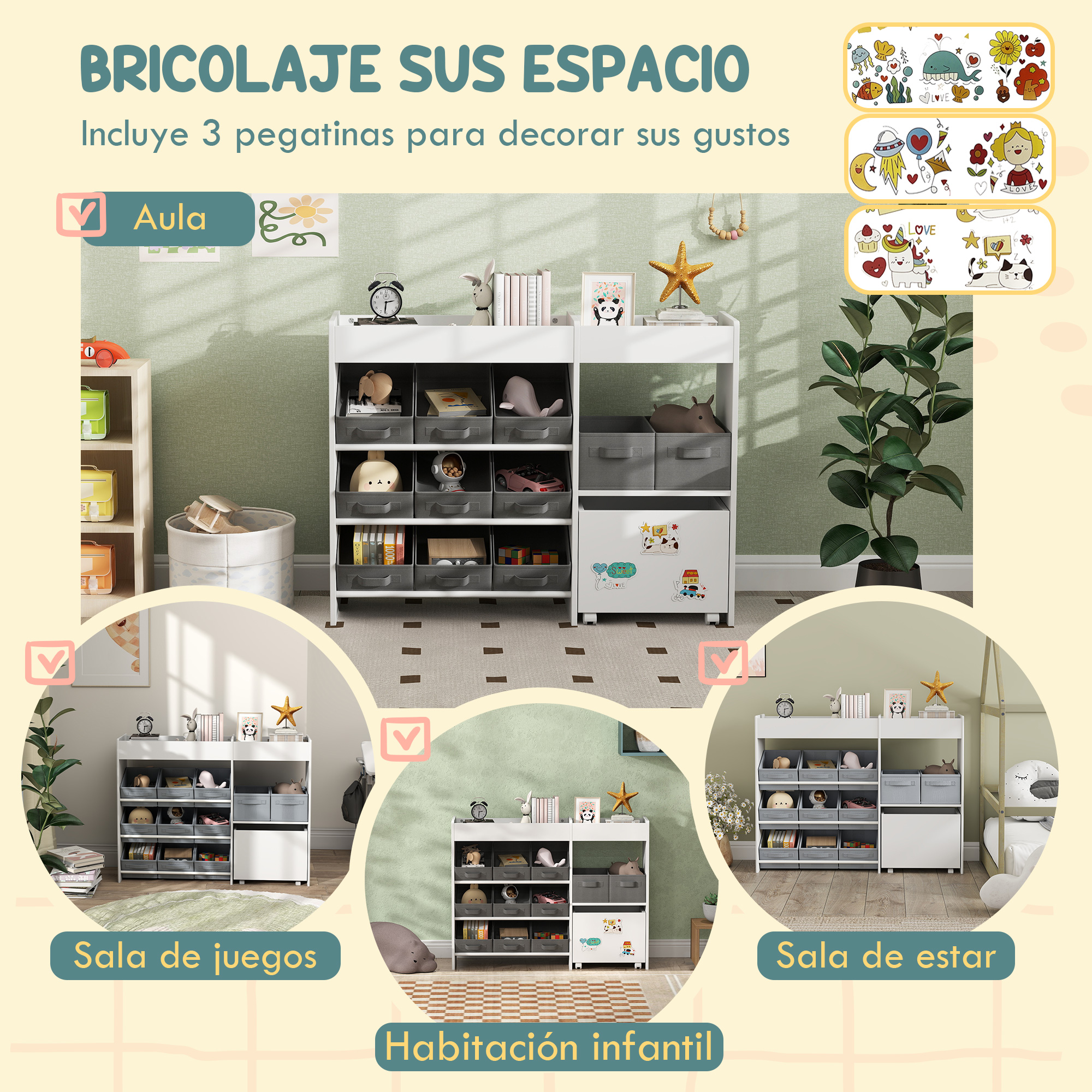 Un mueble blanco de almacenaje con cajones y juguetes. Pegatinas coloridas arriba.
