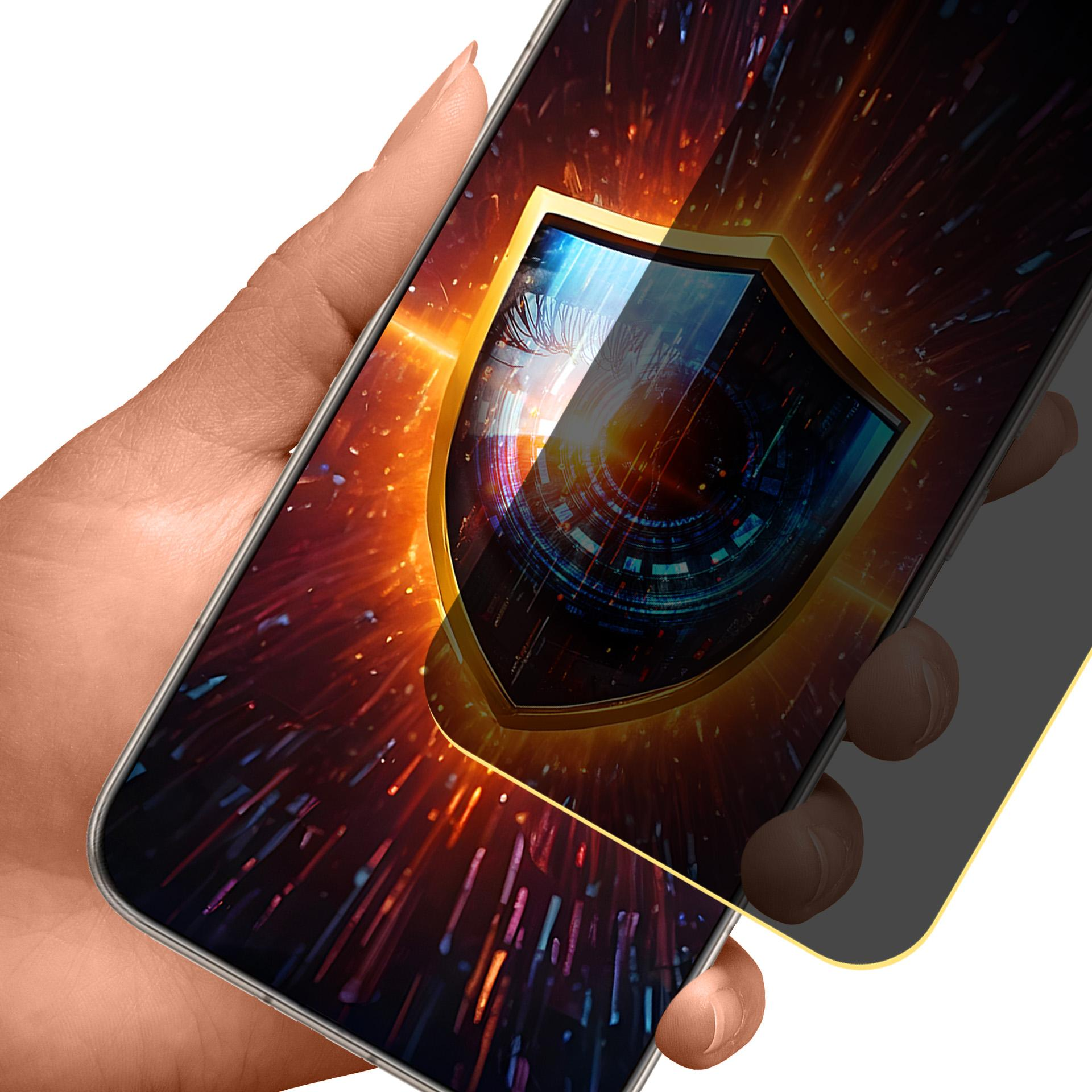 Mano che tiene smartphone con icona scudo e sfondo luminoso.