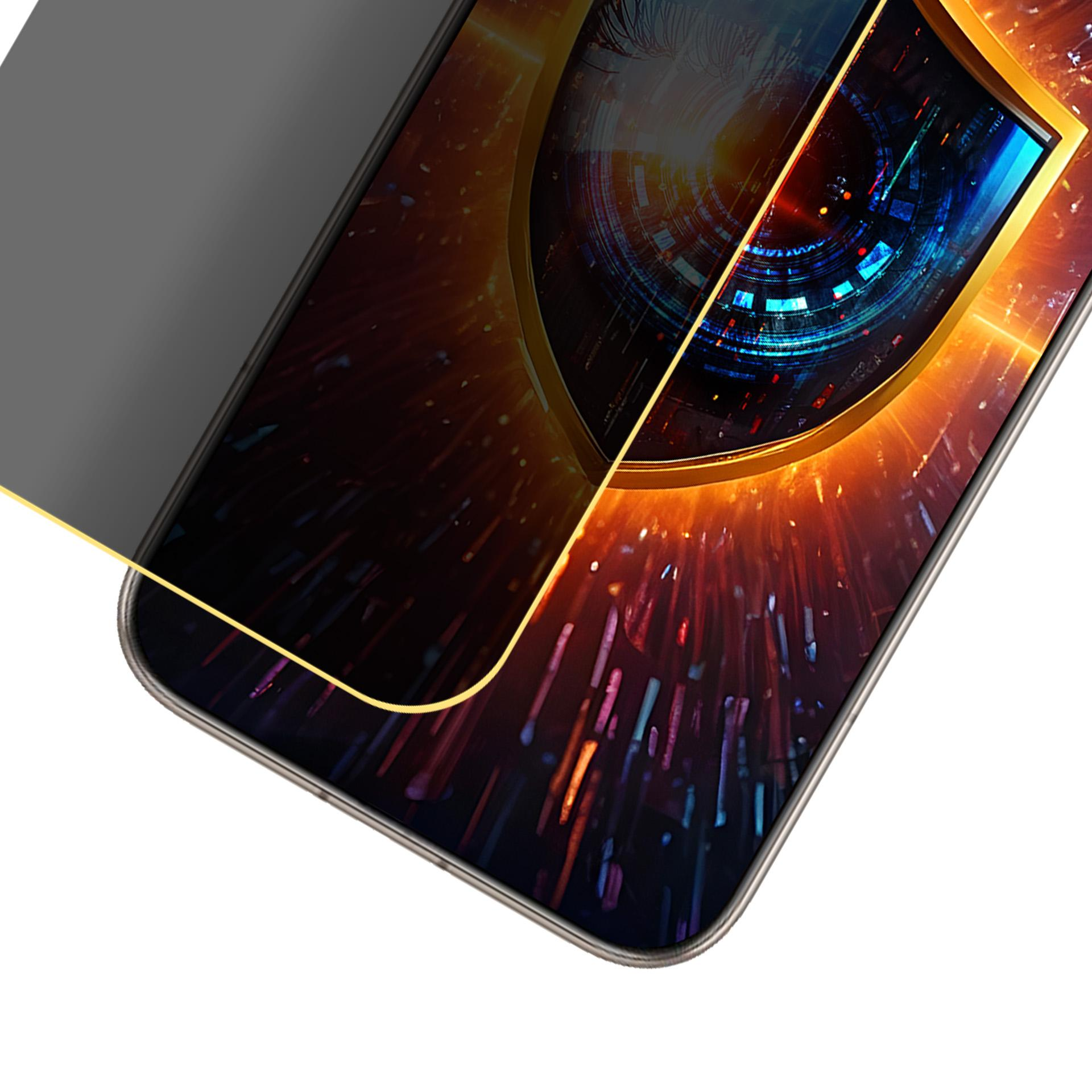 Protezione schermo privacy grigia su smartphone con sfondo astratto e luminoso.