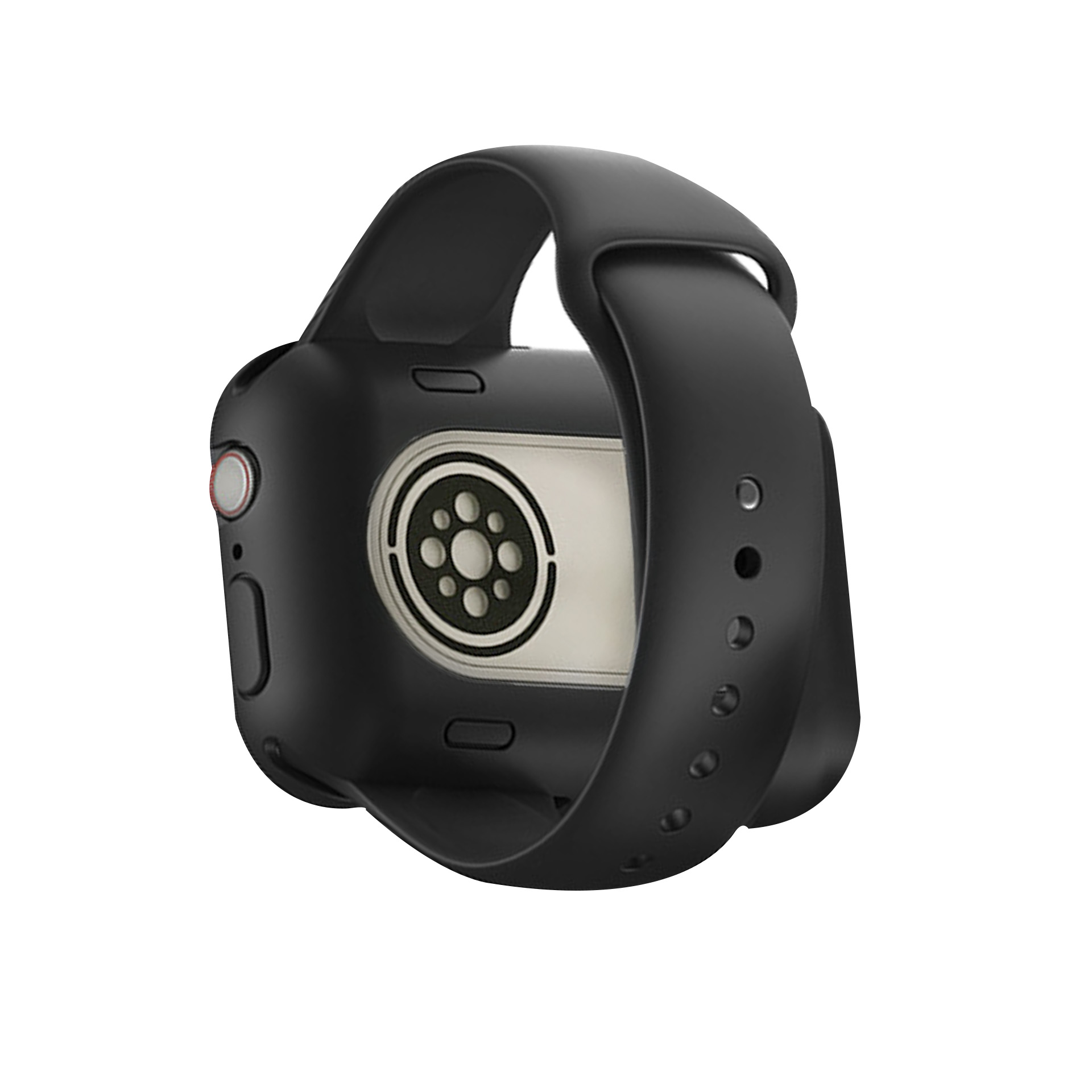 Tył czarnego smartwatcha z stykami ładowania i paskiem.