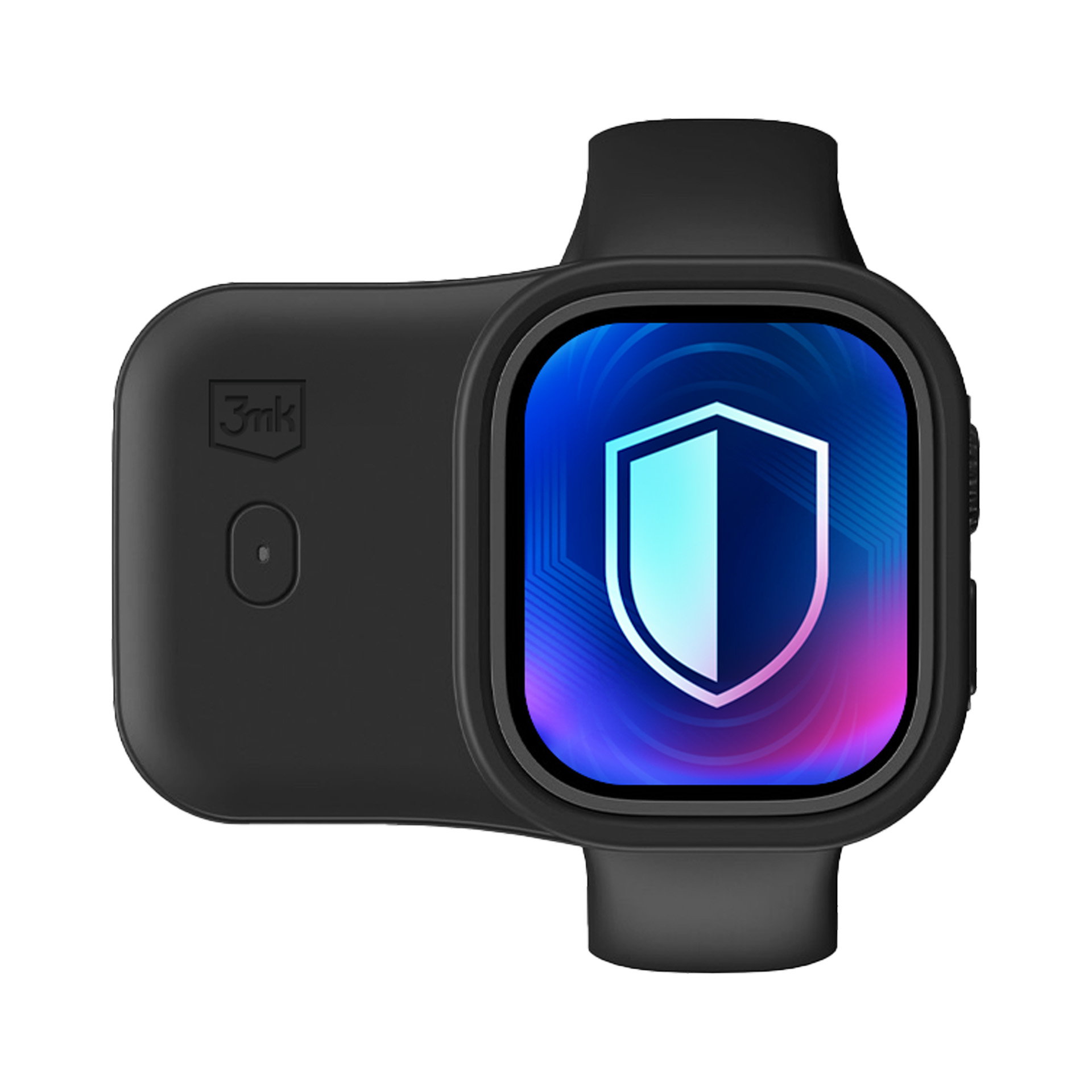 Czarne etui smartwatch z ikoną tarczy na ekranie.
