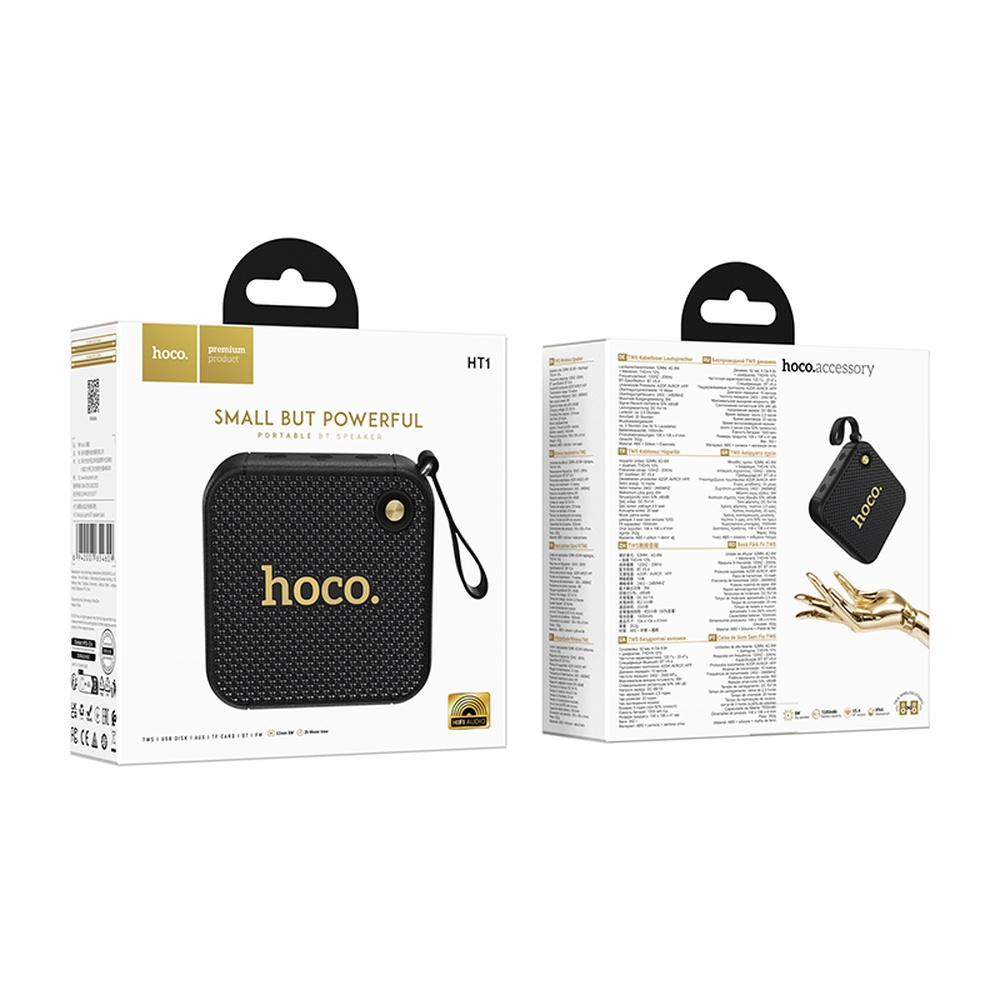 Un altavoz Hoco BT negro con detalles dorados en su embalaje.