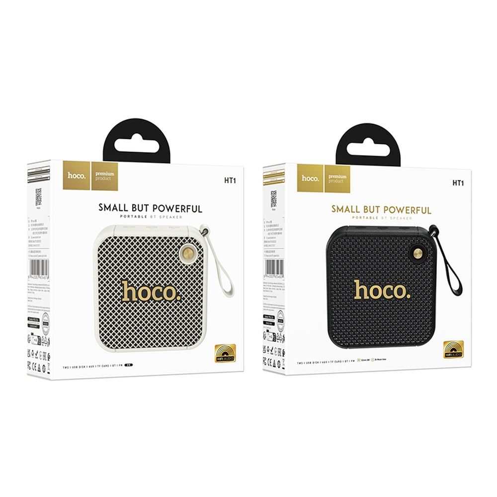 Dos altavoces Bluetooth portátiles HOCO HT1 en caja, blanco y negro.