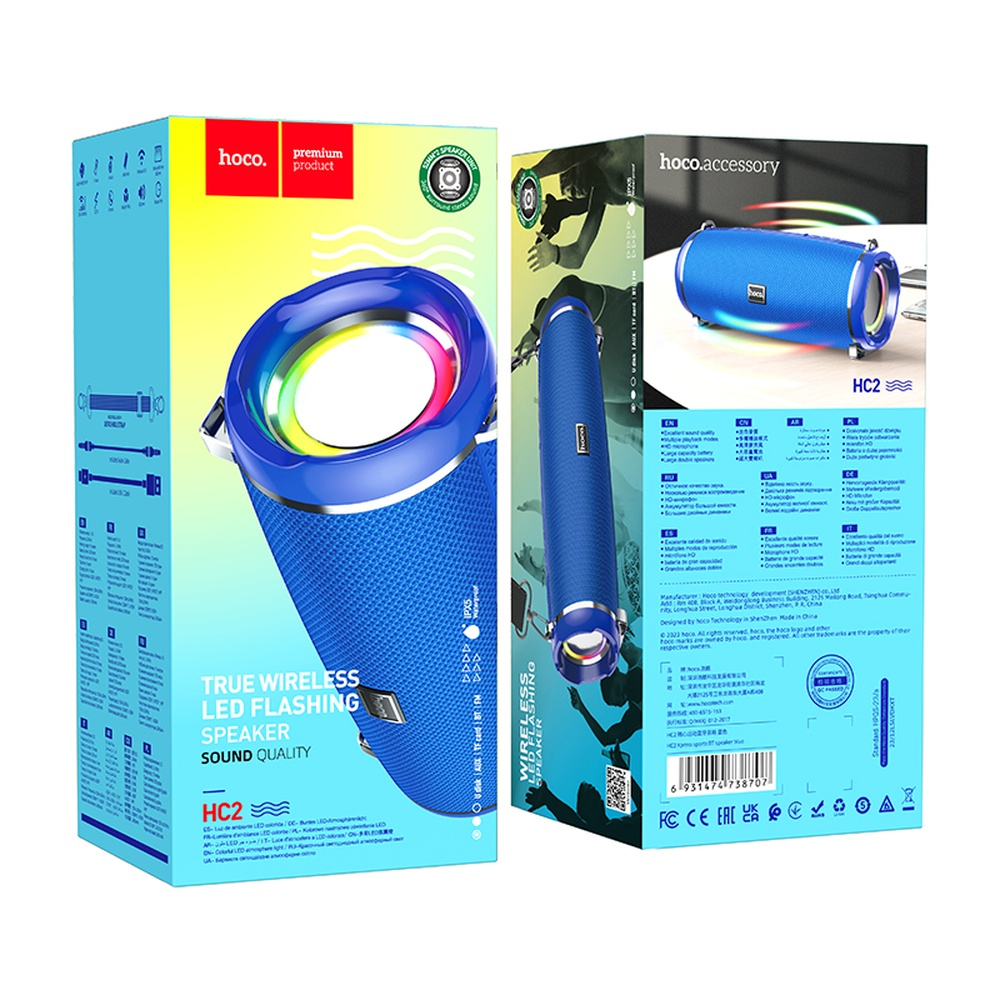 Caja de altavoz azul HOCO con luces LED parpadeantes e información.