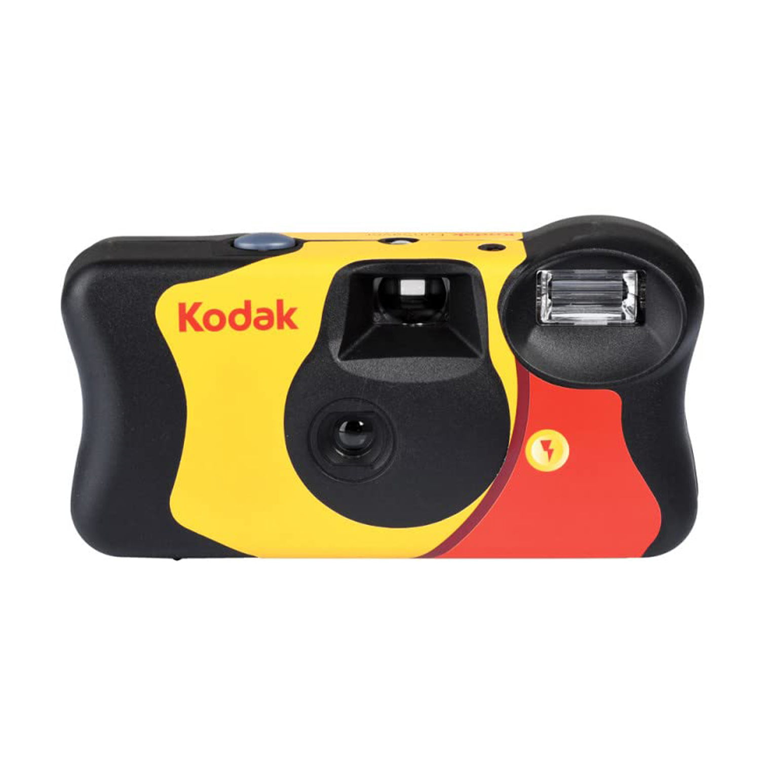 Una fotocamera usa e getta Kodak gialla e nera con flash e obiettivo.