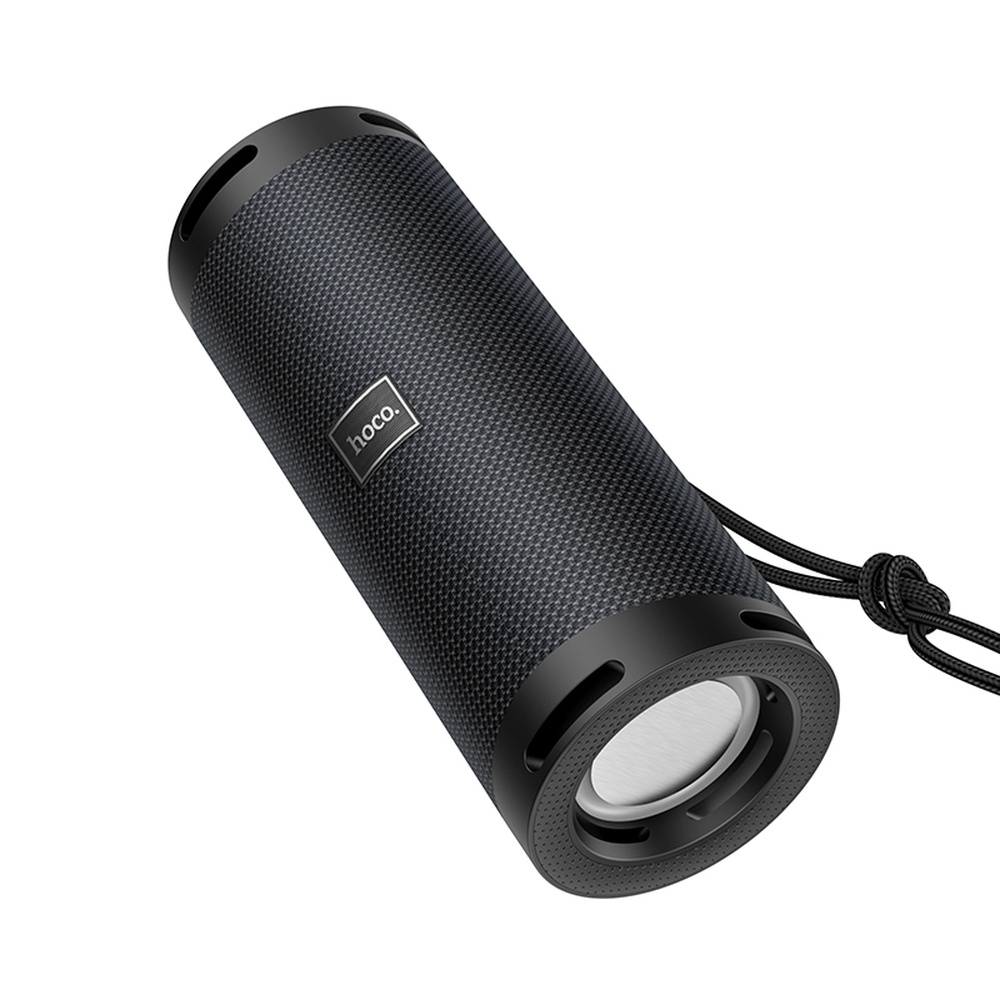 Altavoz cilíndrico negro con diafragma plateado y logo Hoco.