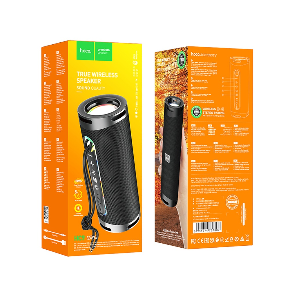 Altavoz Hoco negro con embalaje naranja. Función TWS.