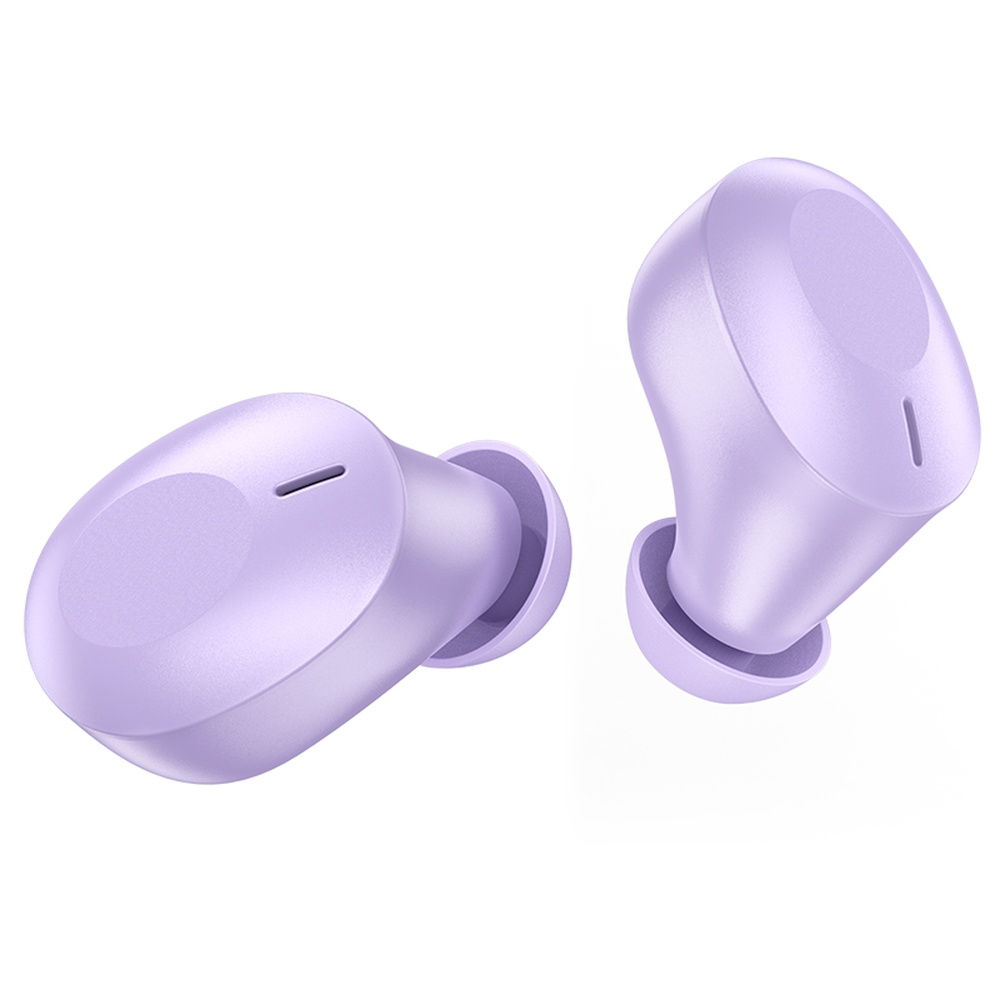 Due auricolari wireless lavanda con punte bianche su sfondo bianco.