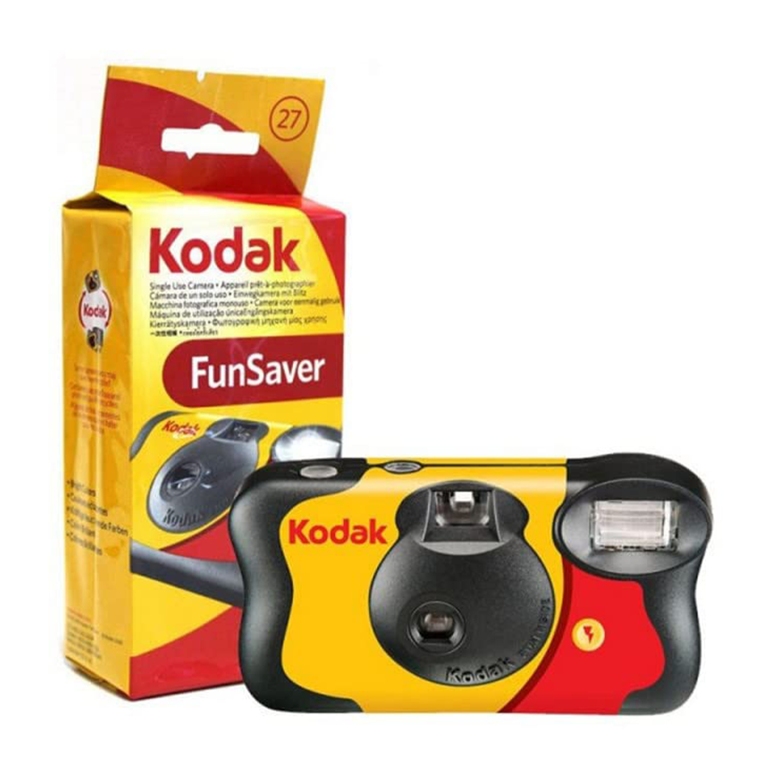 Eine gelb-rote Kodak FunSaver Einwegkamera mit ihrer Verpackung.