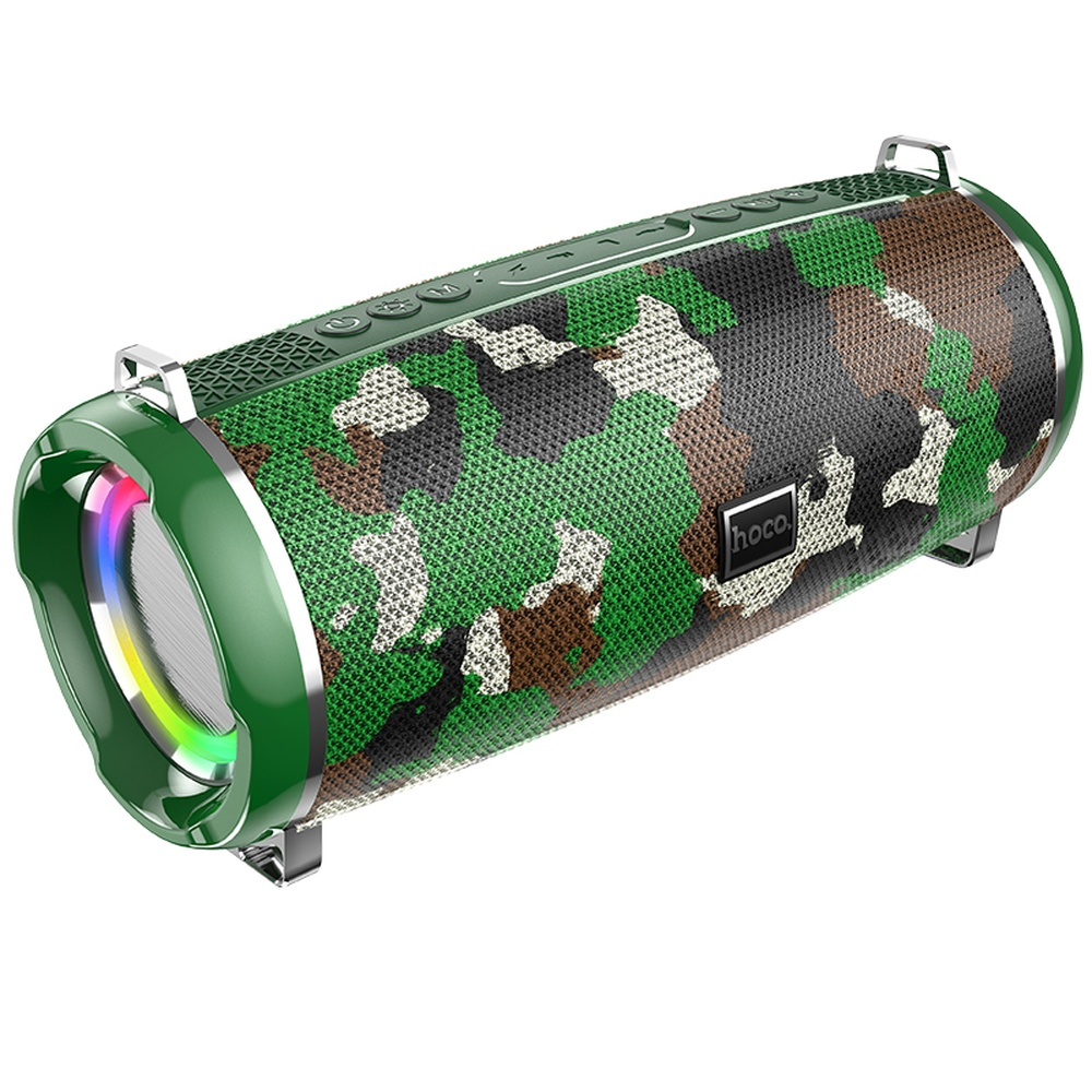 Altavoz de camuflaje verde con luces coloridas y logo Hoco.