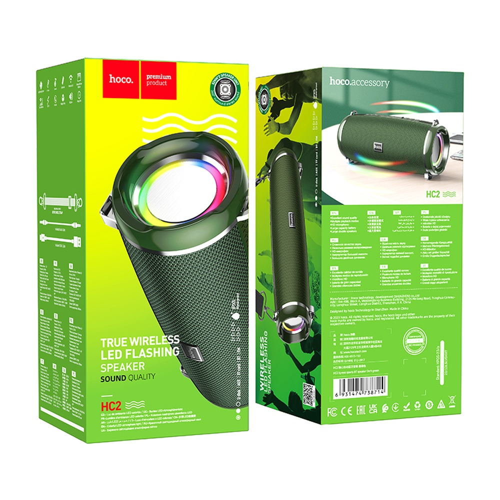 Caja de altavoz Hoco verde con luz LED e información del producto.