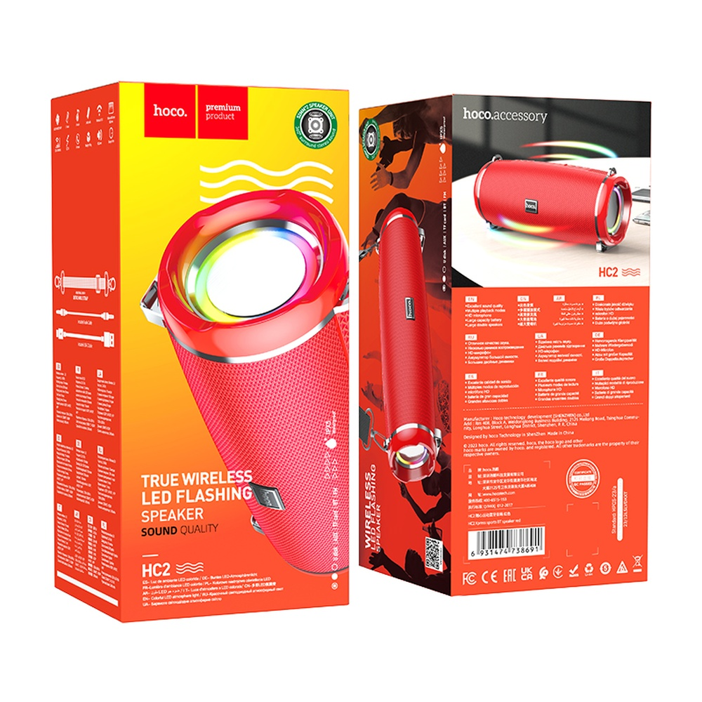 Altavoz Bluetooth rojo Hoco HC2 con luz LED en el embalaje.