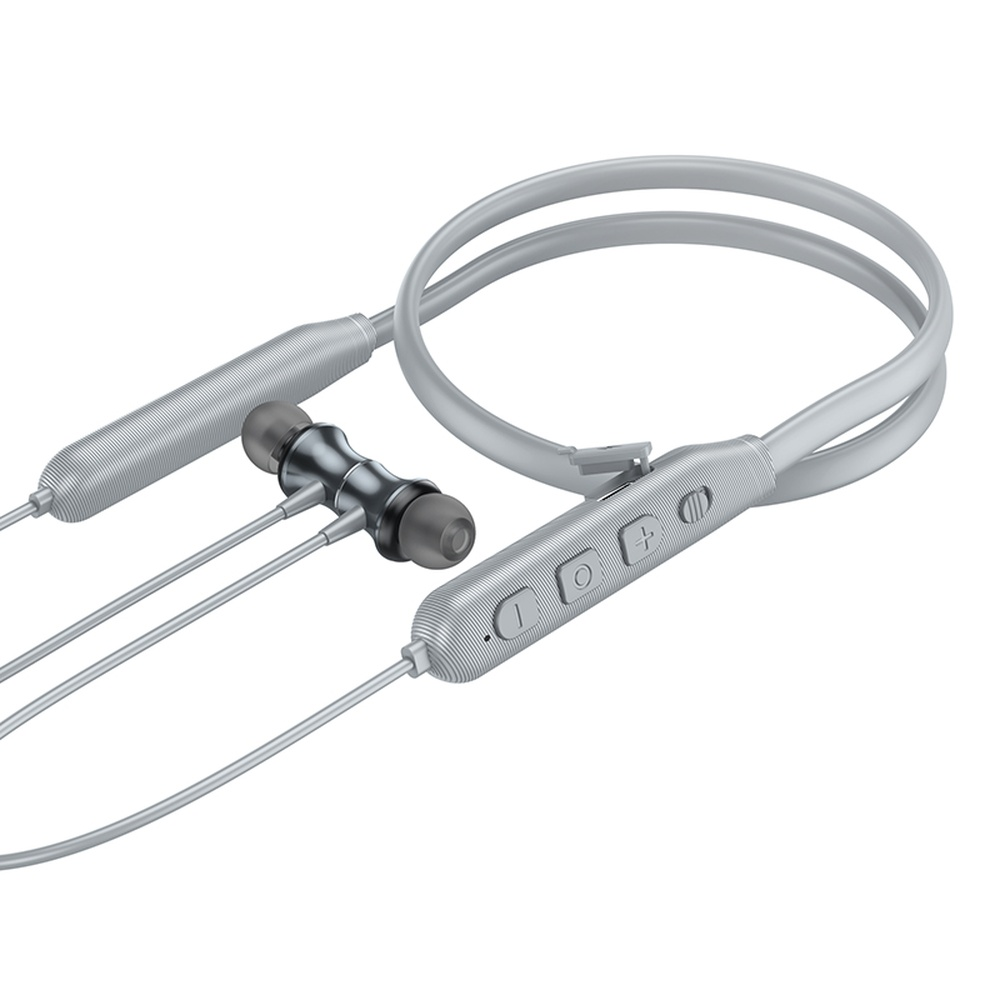Auricolari da collo argentati con controlli e auricolari.