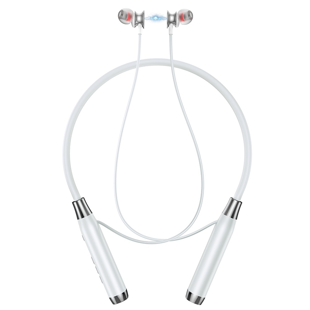 Cuffie da collo bianche con auricolari magnetici e accenti argentati.