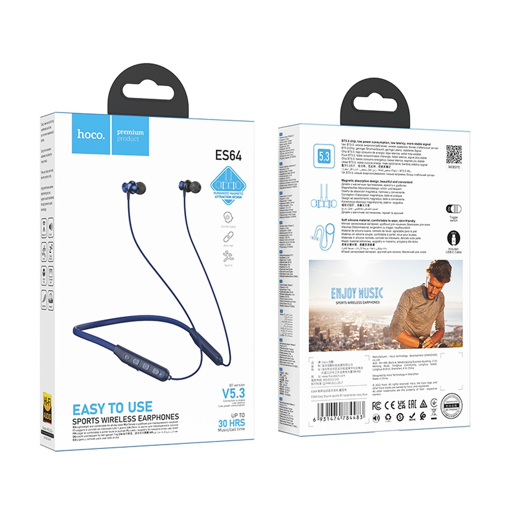 Confezione di auricolari sportivi Hoco ES64 blu, con immagine del prodotto e dettagli.