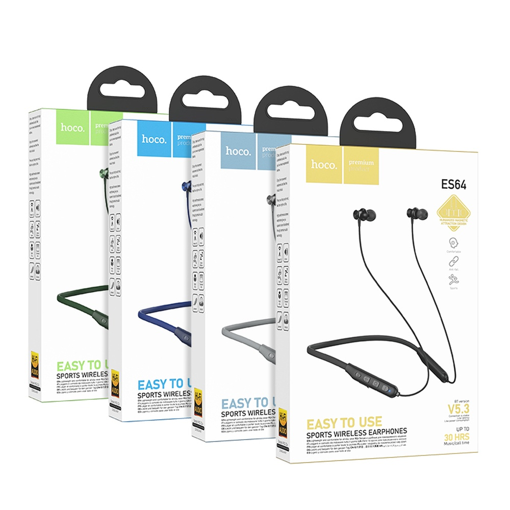 Quattro scatole di auricolari sportivi wireless Hoco in verde, blu, grigio e nero.