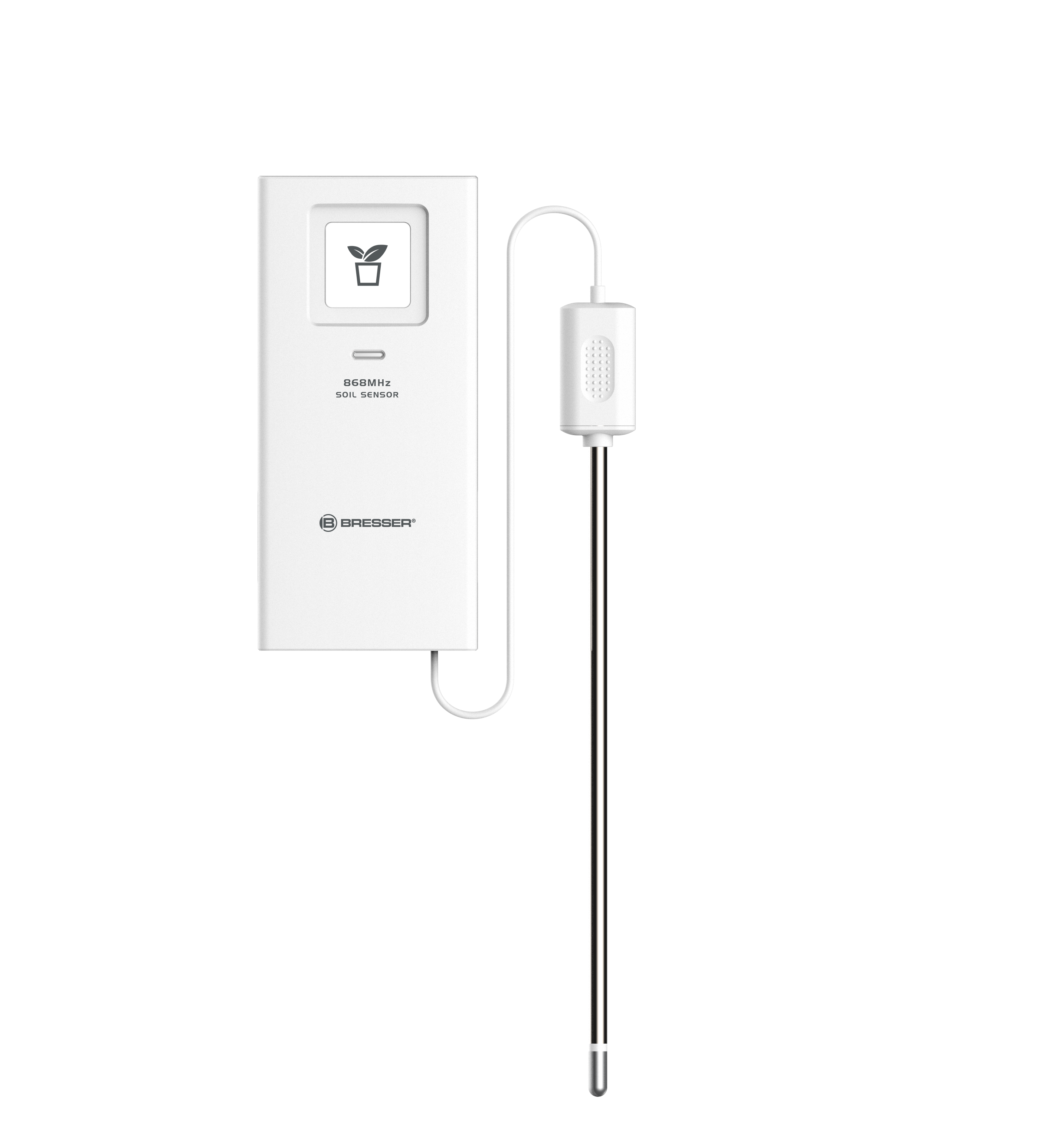 Un sensor de suelo blanco con unidad principal y sonda.