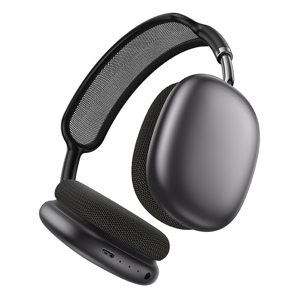 Auriculares grises oscuros supraaurales con diadema de malla y almohadillas.