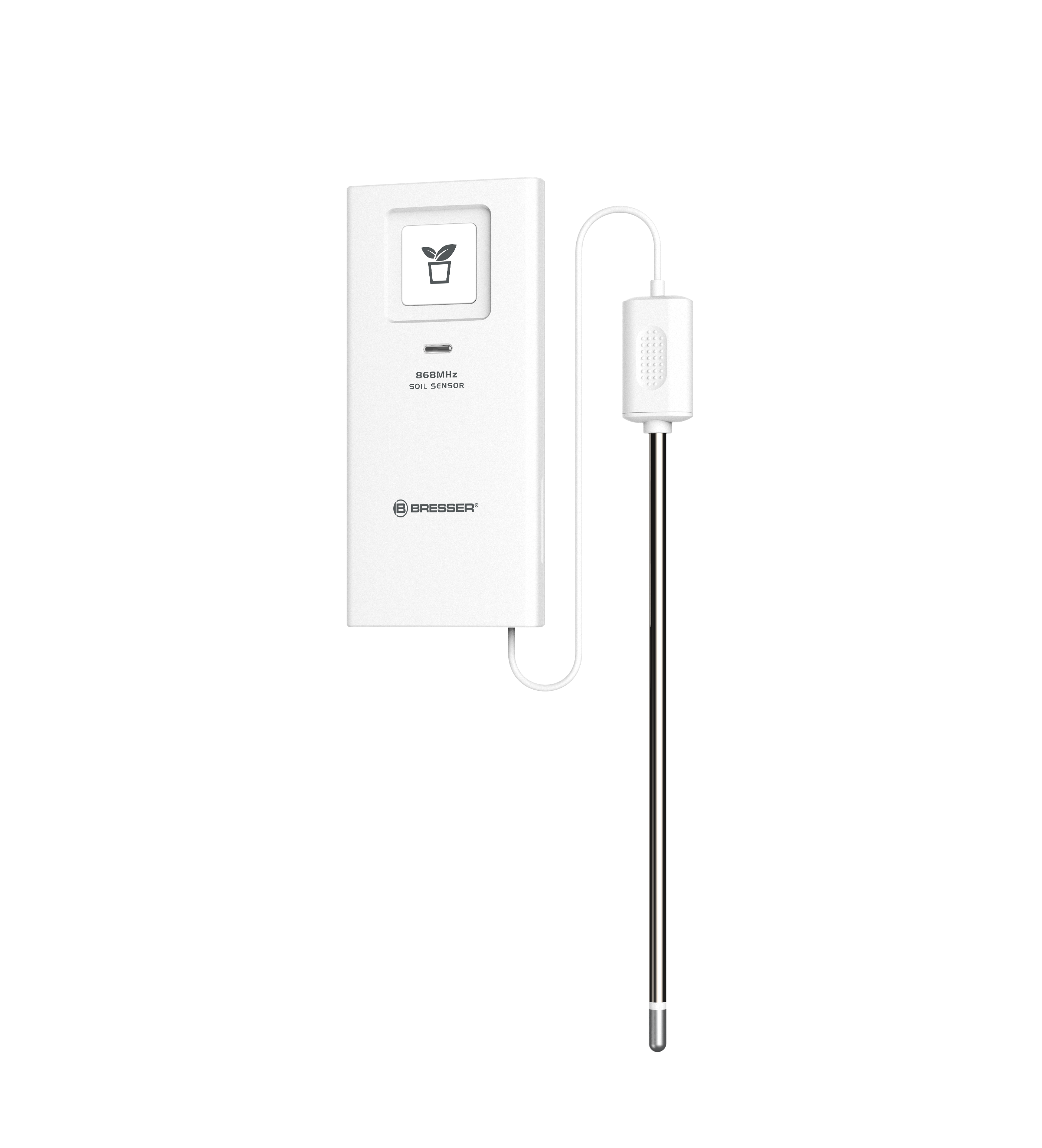 Sensor de tierra blanco con una sonda y cable.