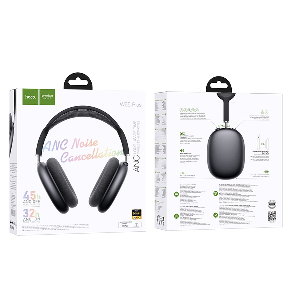 Embalaje de auriculares negros con ANC. Logo Hoco a la izquierda, información del producto a la derecha.