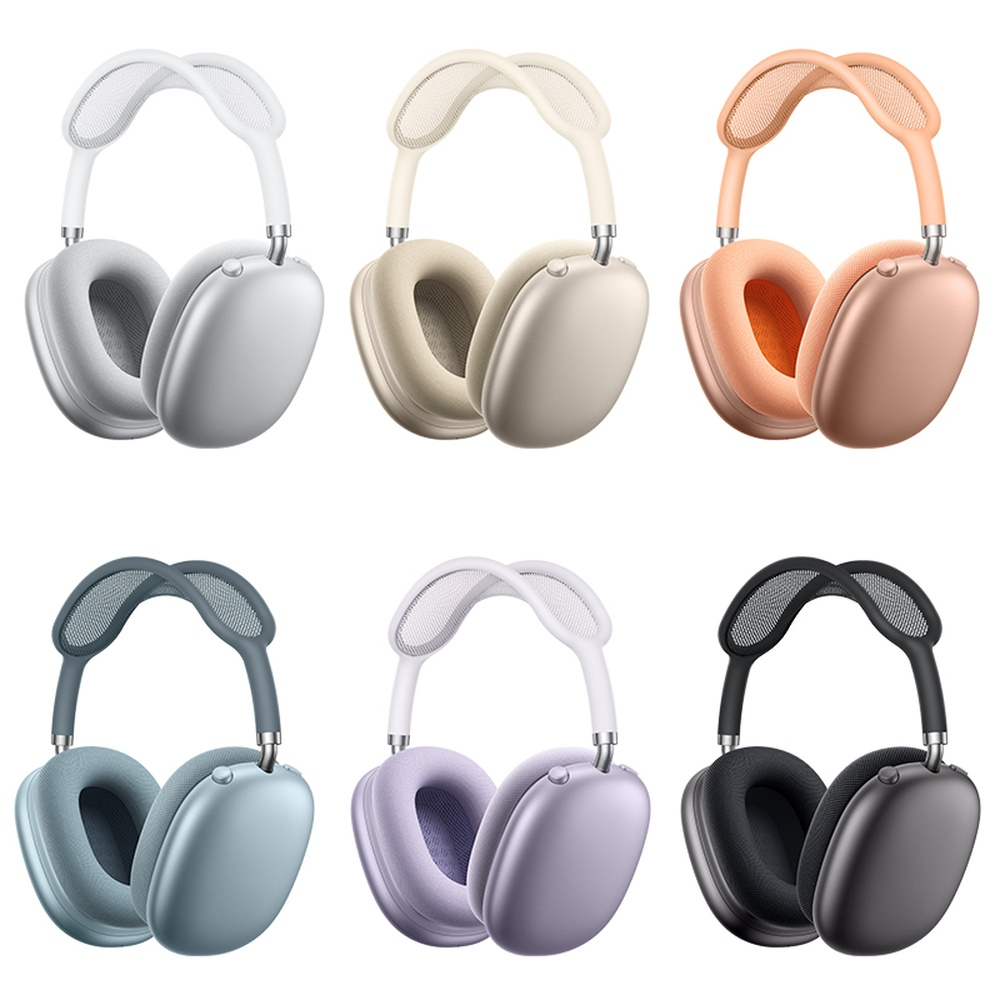 Seis auriculares en diferentes colores: blanco, beige, rosa, azul, morado y negro.