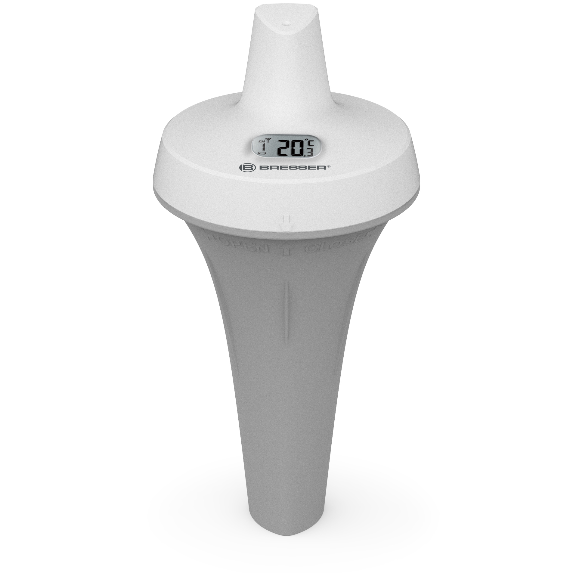 Un sensor de termómetro Bresser blanco que muestra 20.3°C digitalmente.
