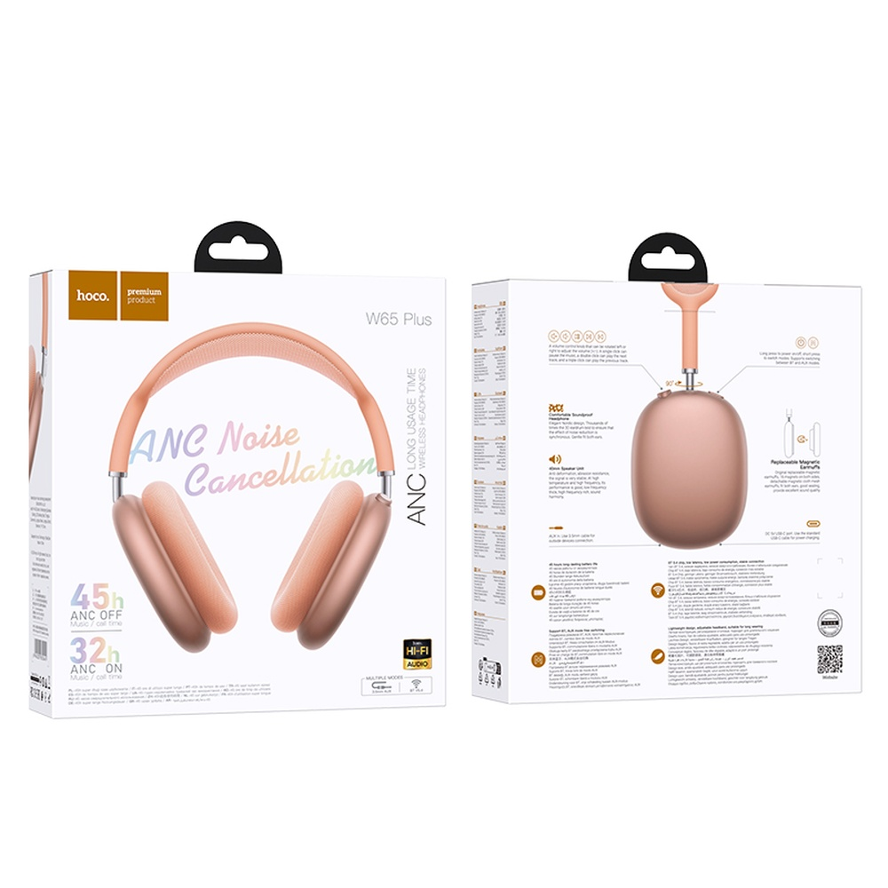 Embalaje de auriculares Hoco W65 Plus ANC en oro rosa, mostrando características.
