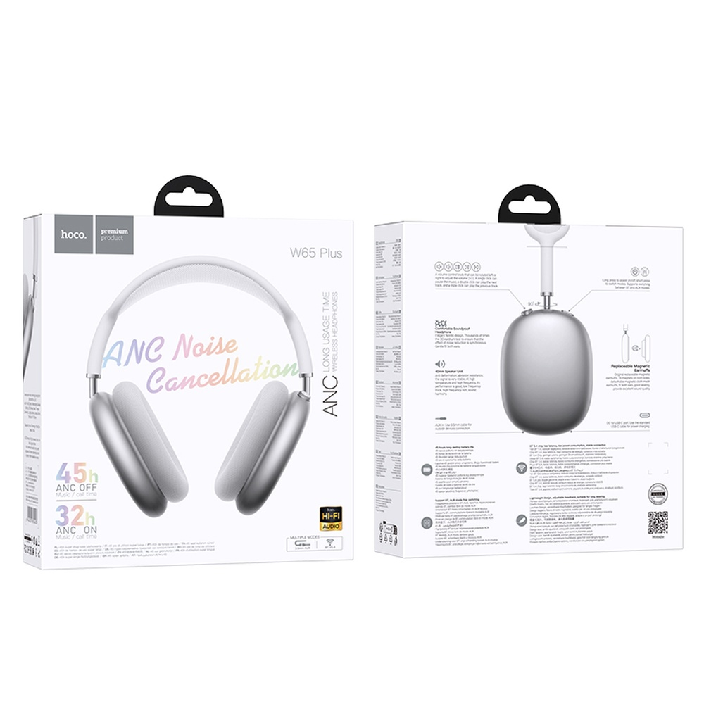 Auriculares blancos Hoco W65 Plus con ANC. El empaque muestra el producto y detalles.