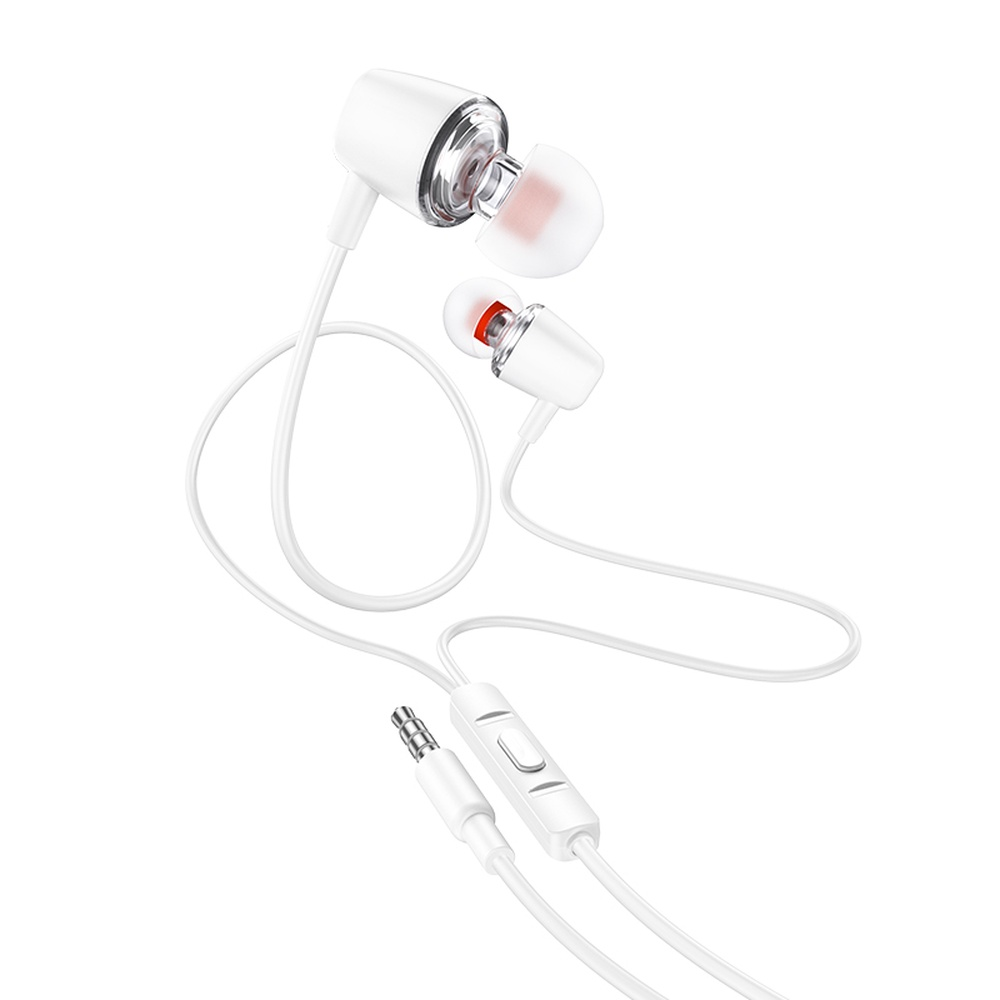 Auricolari bianchi in-ear con accenti trasparenti e microfono.