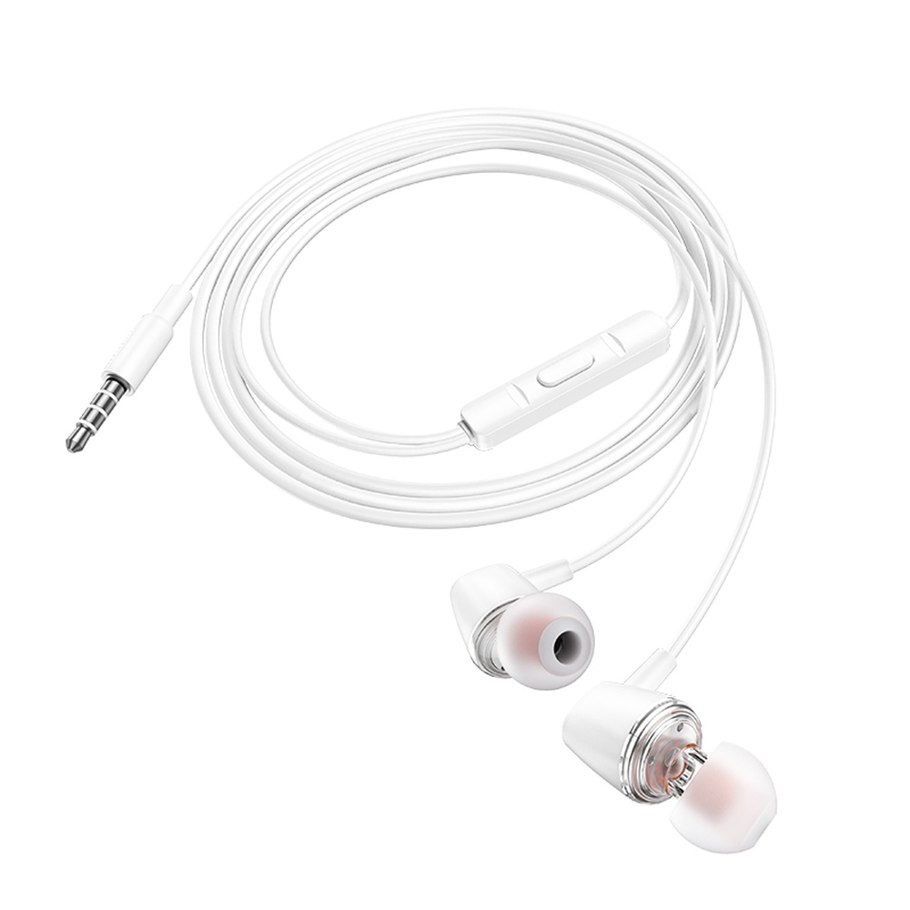 Auricolari bianchi in-ear con cavo, spina e microfono in linea.