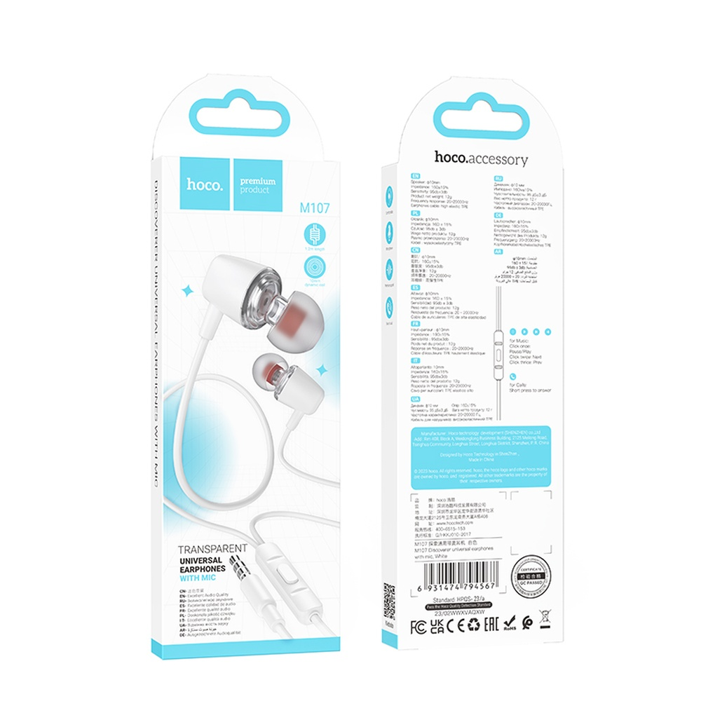 Auricolari bianchi trasparenti con microfono su scatola bianca con dettagli prodotto.
