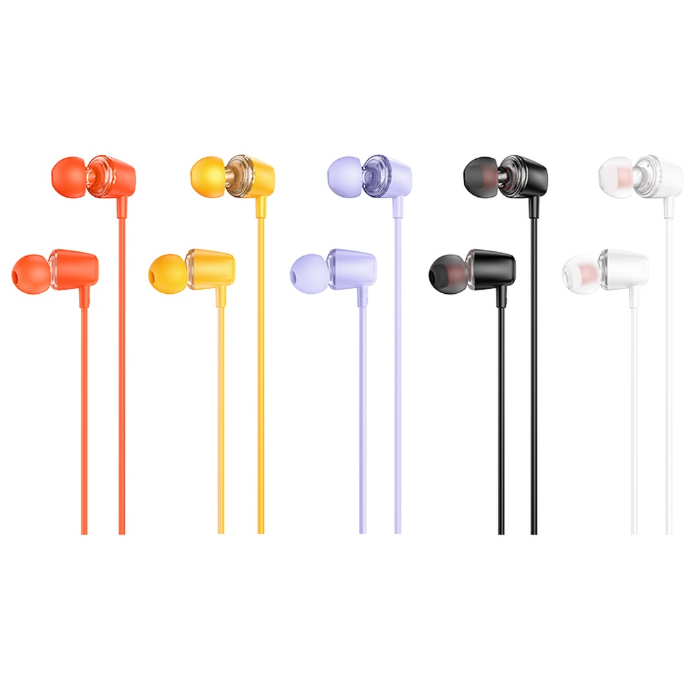 Cinque paia di auricolari in-ear arancioni, gialli, viola, neri e bianchi.