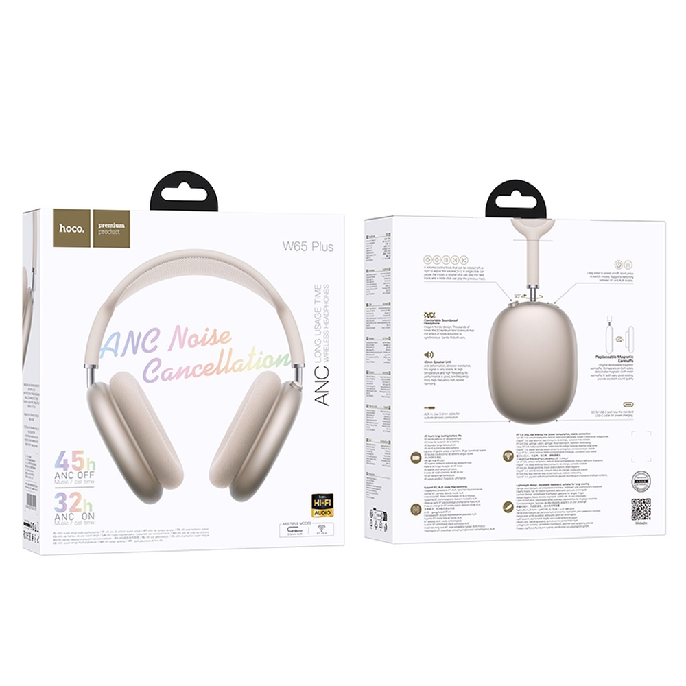 Embalaje de auriculares Hoco W65 Plus con ANC y audio Hi-Fi.