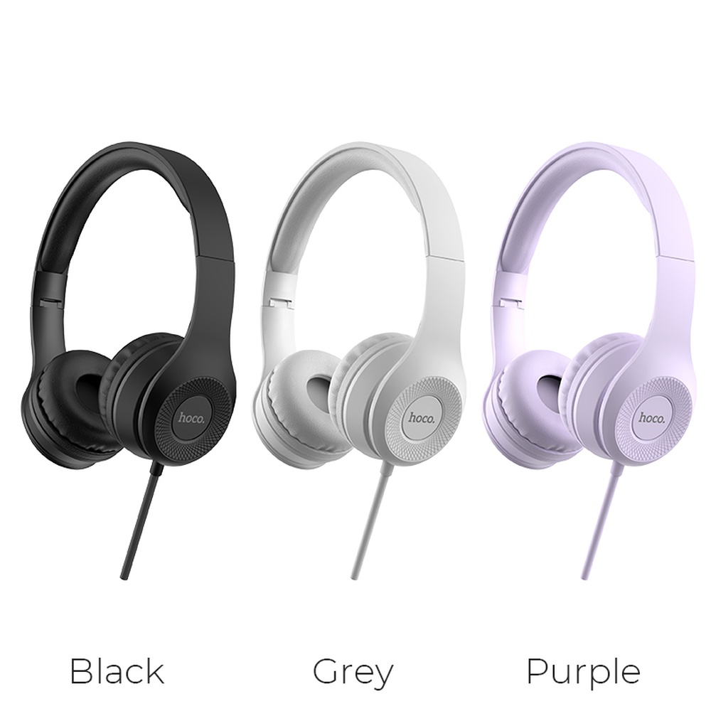 Tre cuffie sono mostrate in nero, grigio e viola.