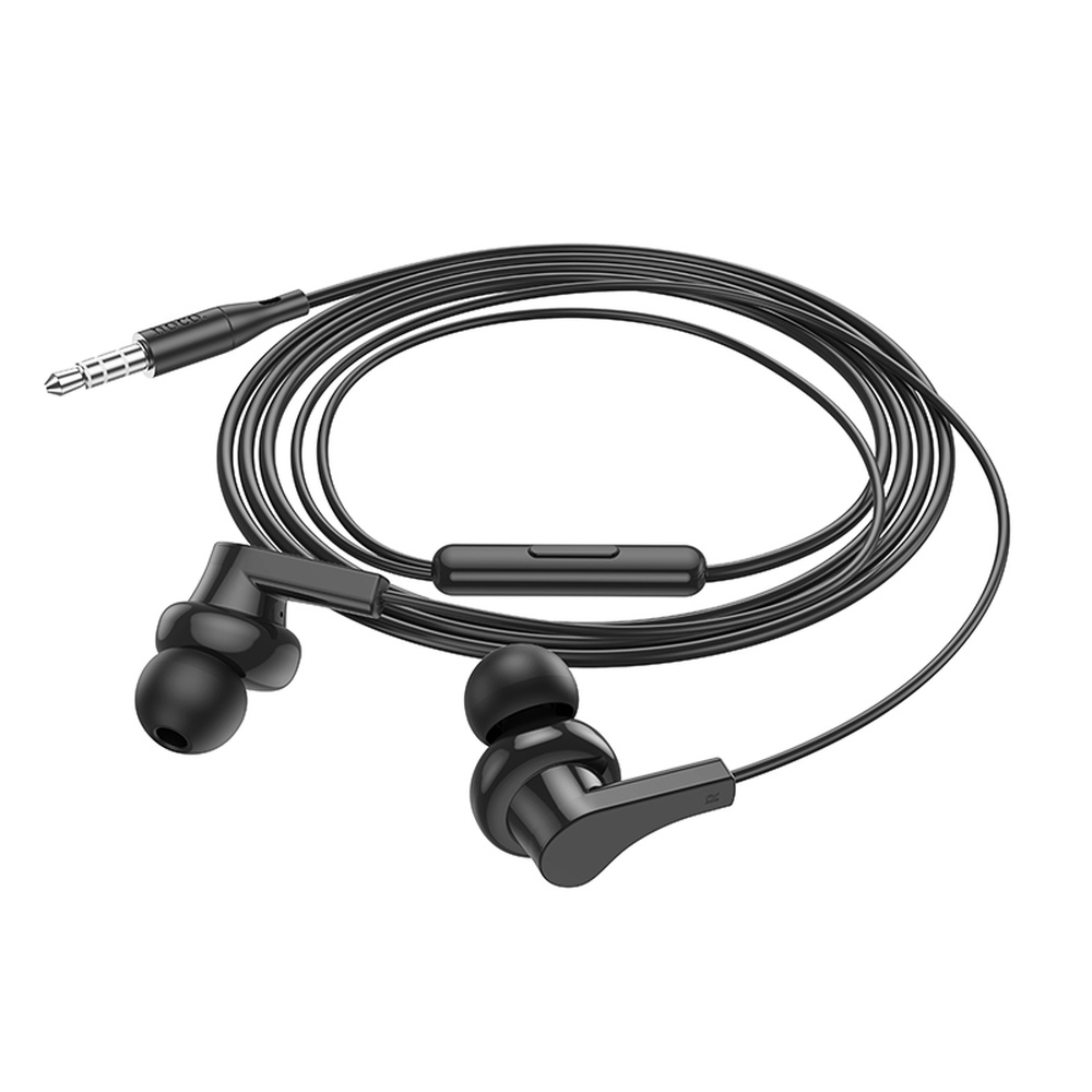 Auriculares negros intrauditivos con cable, micrófono y conector de 3,5 mm.
