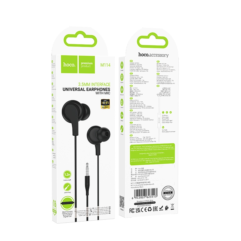 Embalaje de auriculares negros Hoco M114 con micrófono y conector de 3,5 mm.