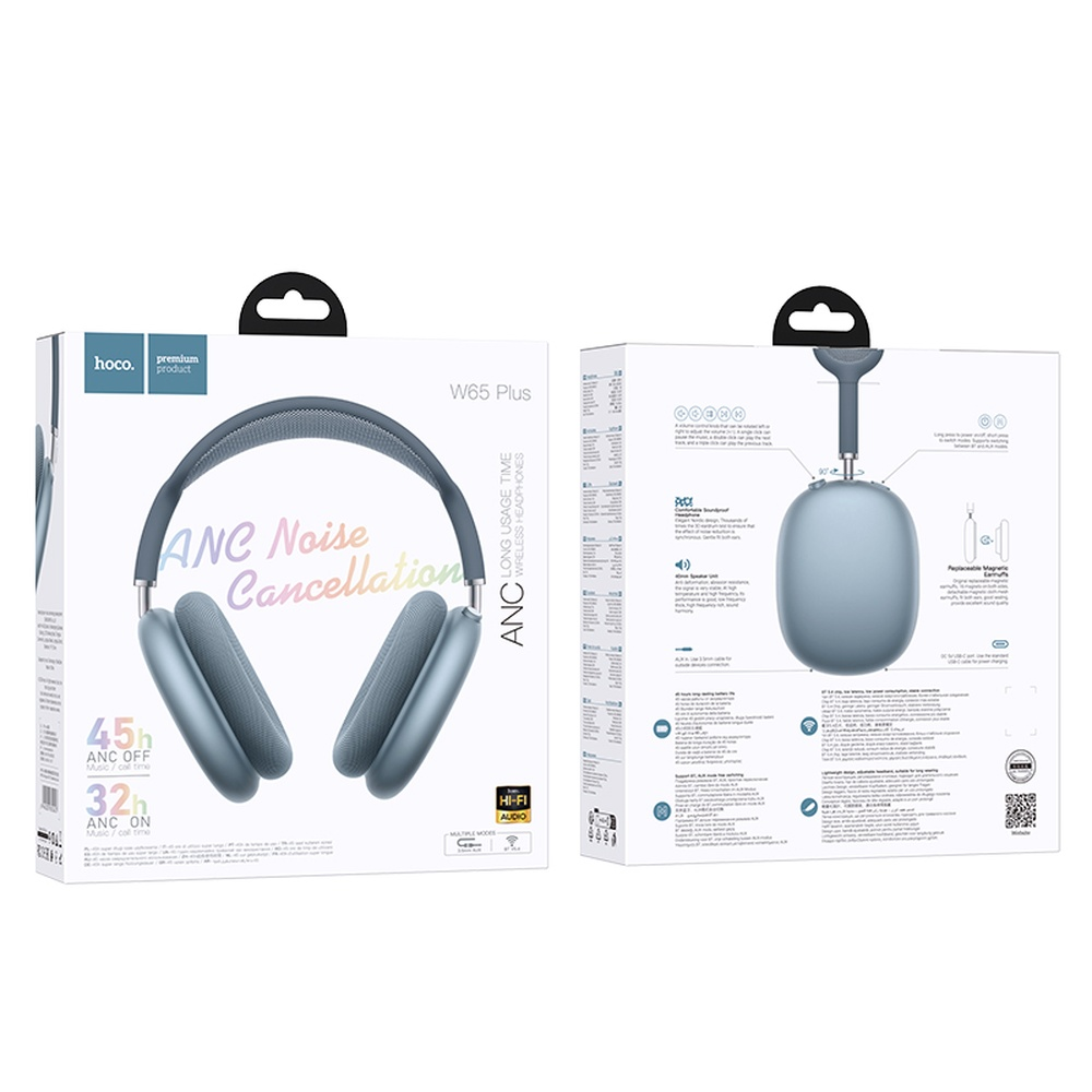 Embalaje de auriculares Hoco W65 Plus con tecnología ANC.