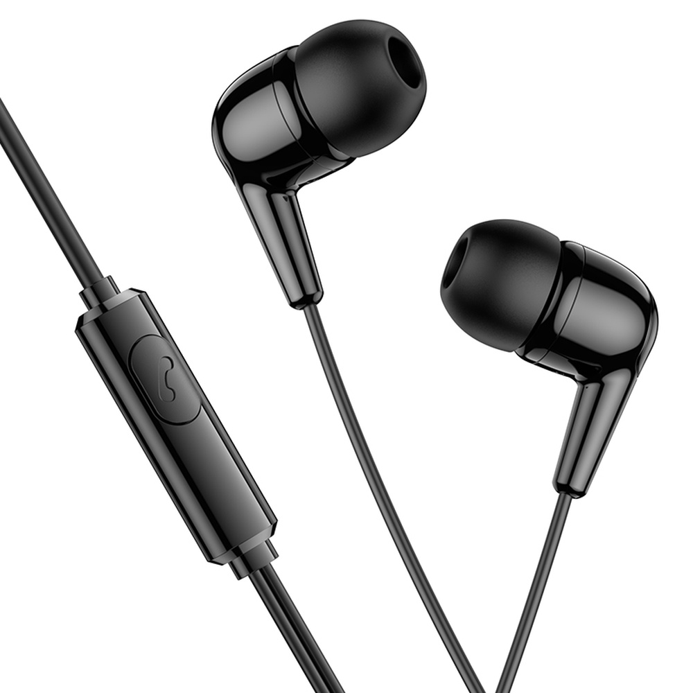 Auricolari neri cablati con telecomando in linea su sfondo bianco.