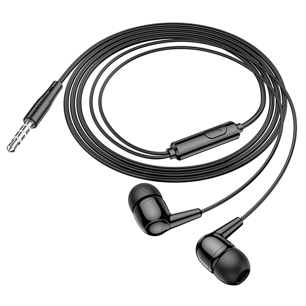 Auricolari neri con cavo, spina e microfono in linea.