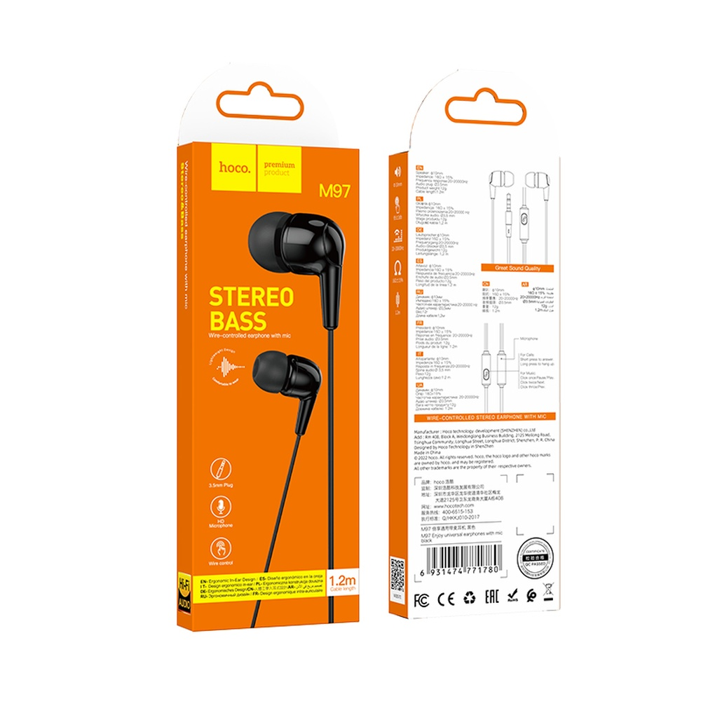 Confezione per auricolari neri con cavo e microfono, marca hoco.
