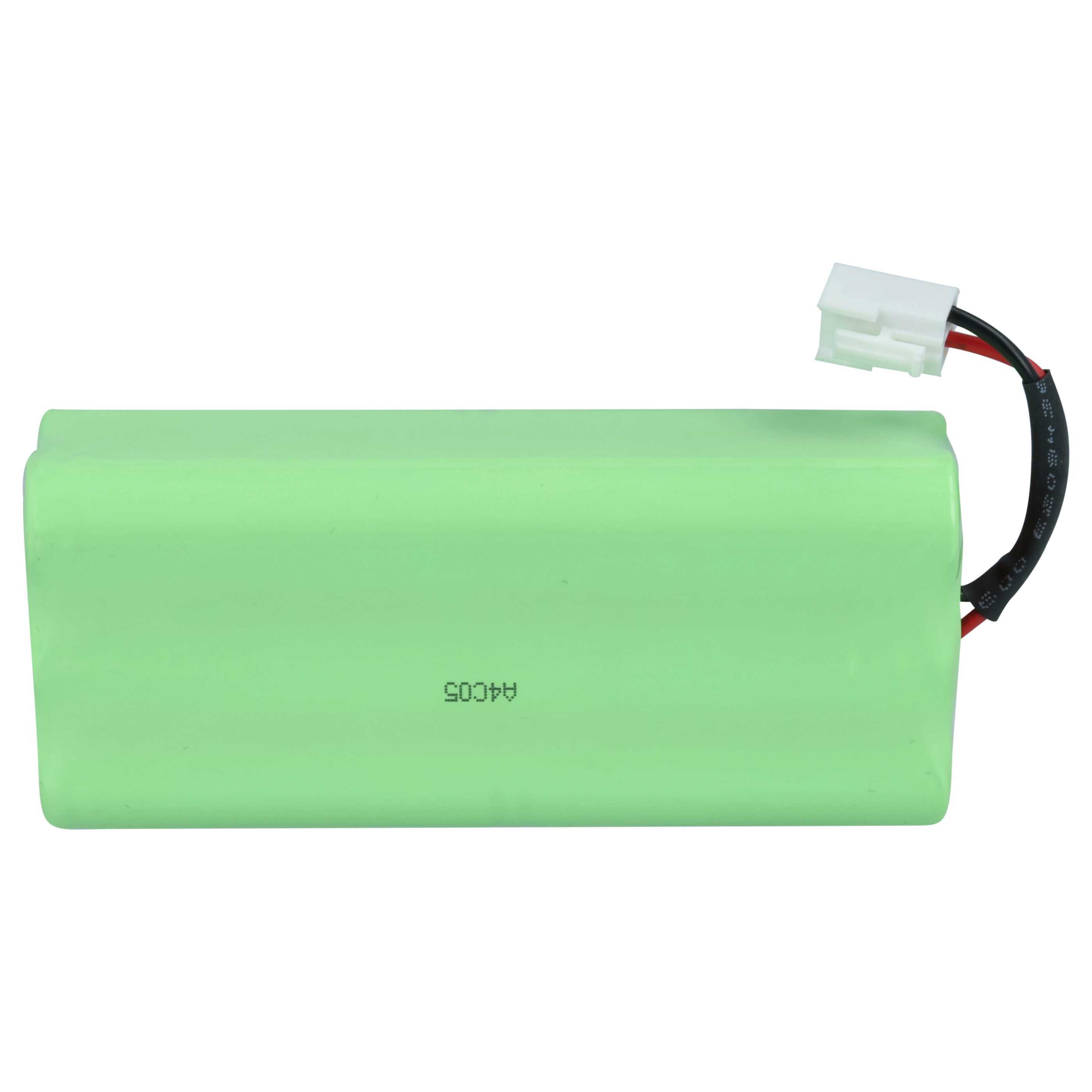 Grüne Batteriepackung mit weißem Stecker und Kabeln.