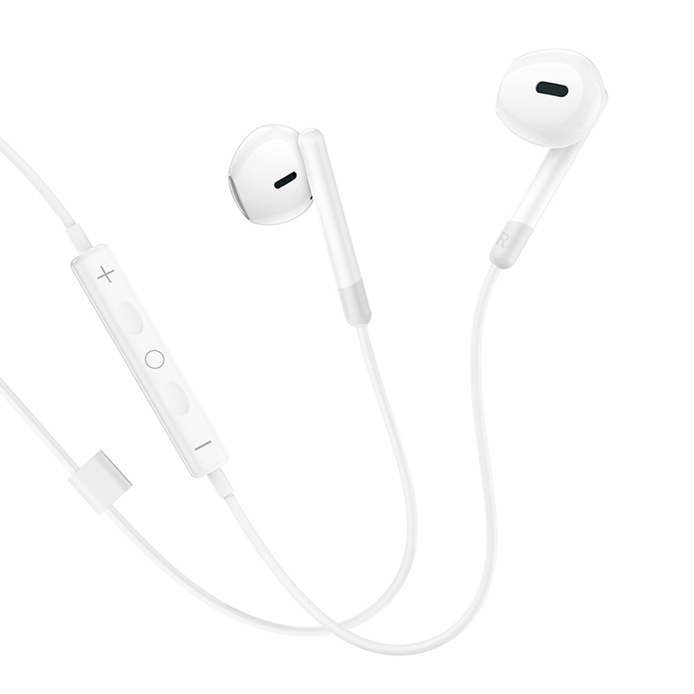 Auriculares blancos intrauditivos con cable y controles de volumen.