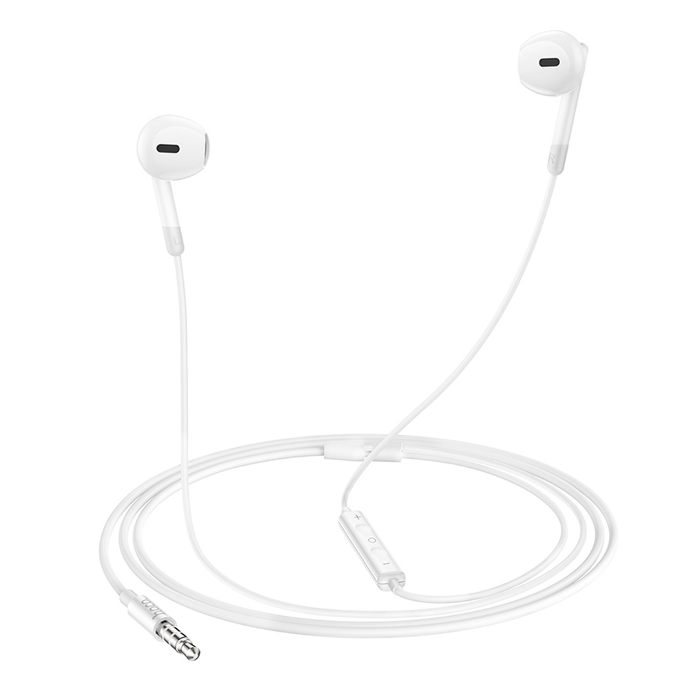Auriculares blancos intrauditivos con cable y controles, sobre fondo blanco.