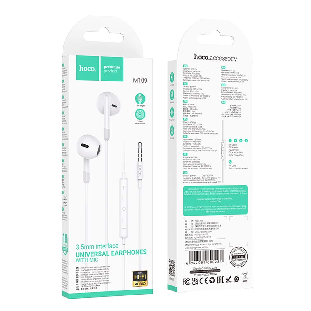 Auriculares universales blancos Hoco M109 con micrófono, interfaz de 3,5 mm, audio Hi-Fi.