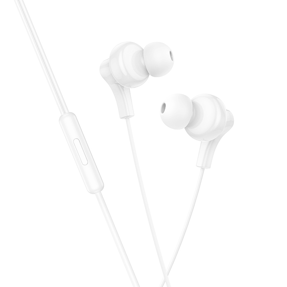 Auriculares blancos de botón con cable y micrófono en línea, sobre fondo blanco.