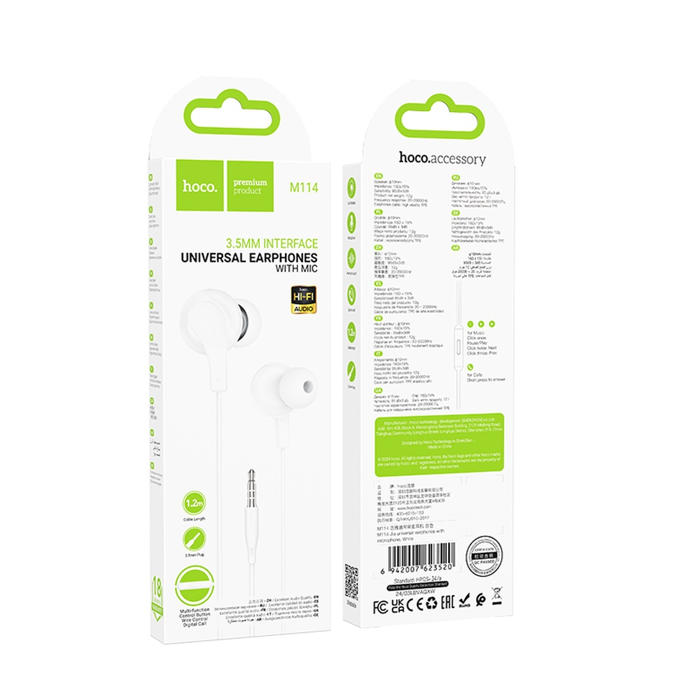 Embalaje con auriculares blancos, interfaz de 3,5 mm, auriculares universales con micrófono.