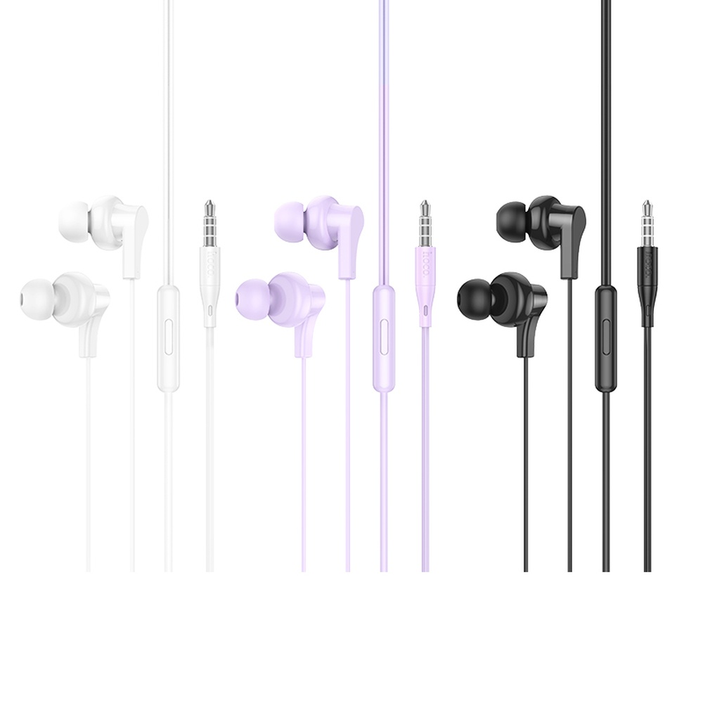Tres pares de auriculares en blanco, lavanda y negro, con cables y conectores.