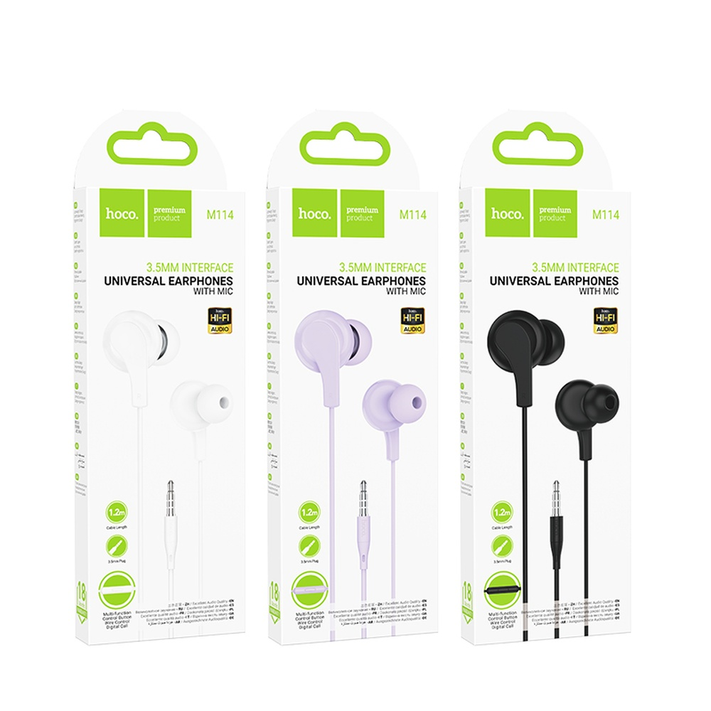 Tres paquetes de auriculares: blancos, morados y negros. Hoco M114.